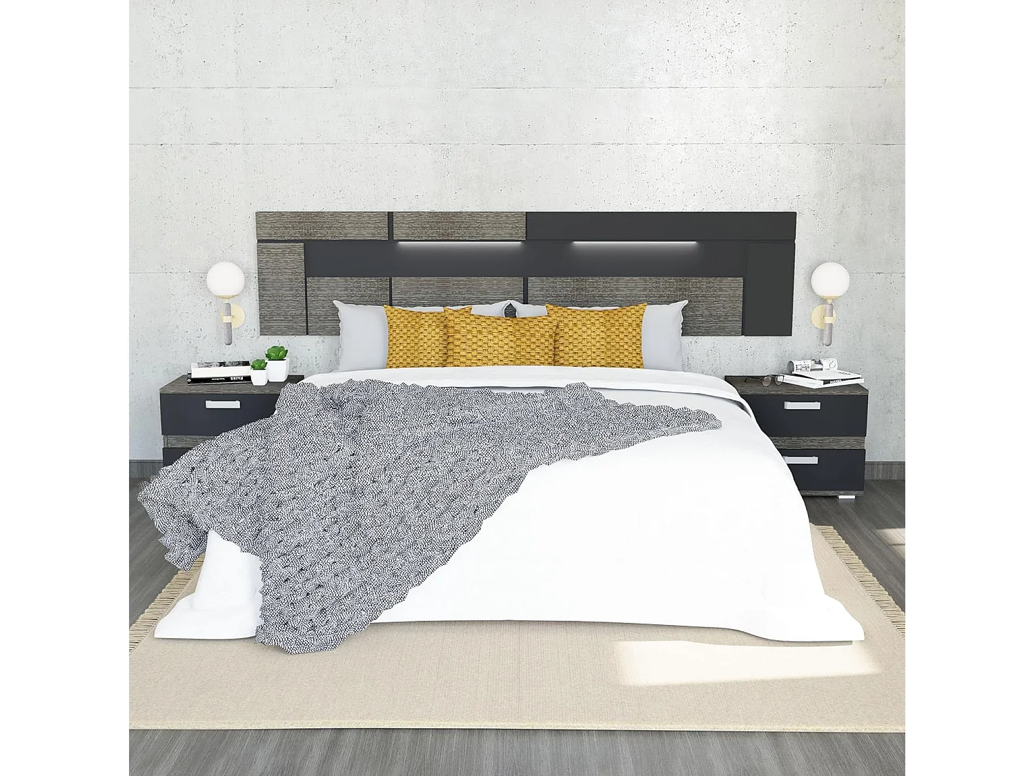 Dormitorio de Matrimonio Completo – Cabecero Negro 259 cm, 2 Mesitas de Noche y Cómoda 4 Cajones color ceniza-negro  – Diseño Moderno en Melamina.