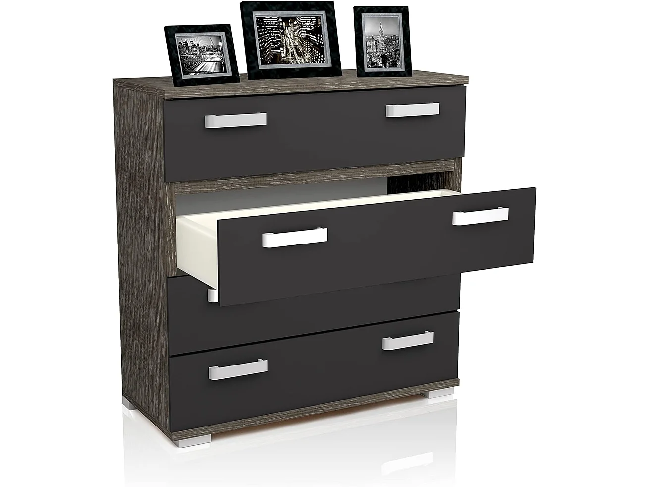 Dormitorio de Matrimonio Completo – Cabecero Negro 259 cm, 2 Mesitas de Noche y Cómoda 4 Cajones color ceniza-negro  – Diseño Moderno en Melamina.