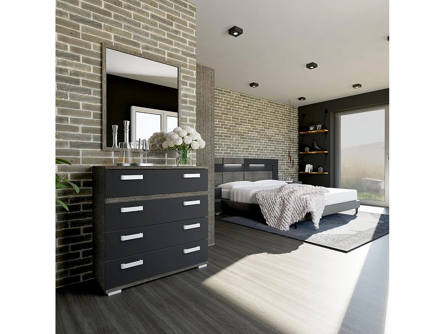 Dormitorio de Matrimonio Completo – Cabecero Negro 259 cm, 2 Mesitas de Noche y Cómoda 4 Cajones color ceniza-negro  – Diseño Moderno en Melamina.
