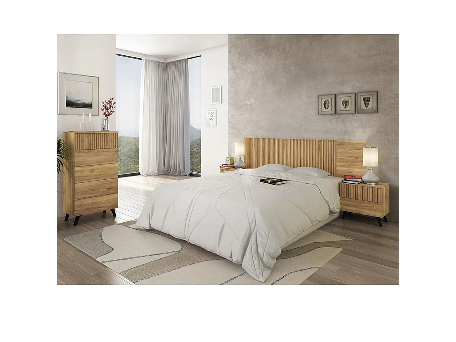 Dormitorio de Matrimonio Completo – Cabecero 210 cm, 2 Mesitas de Noche y Sinfonier 5 Cajones – Diseño Moderno en Mauvella Rayas.
