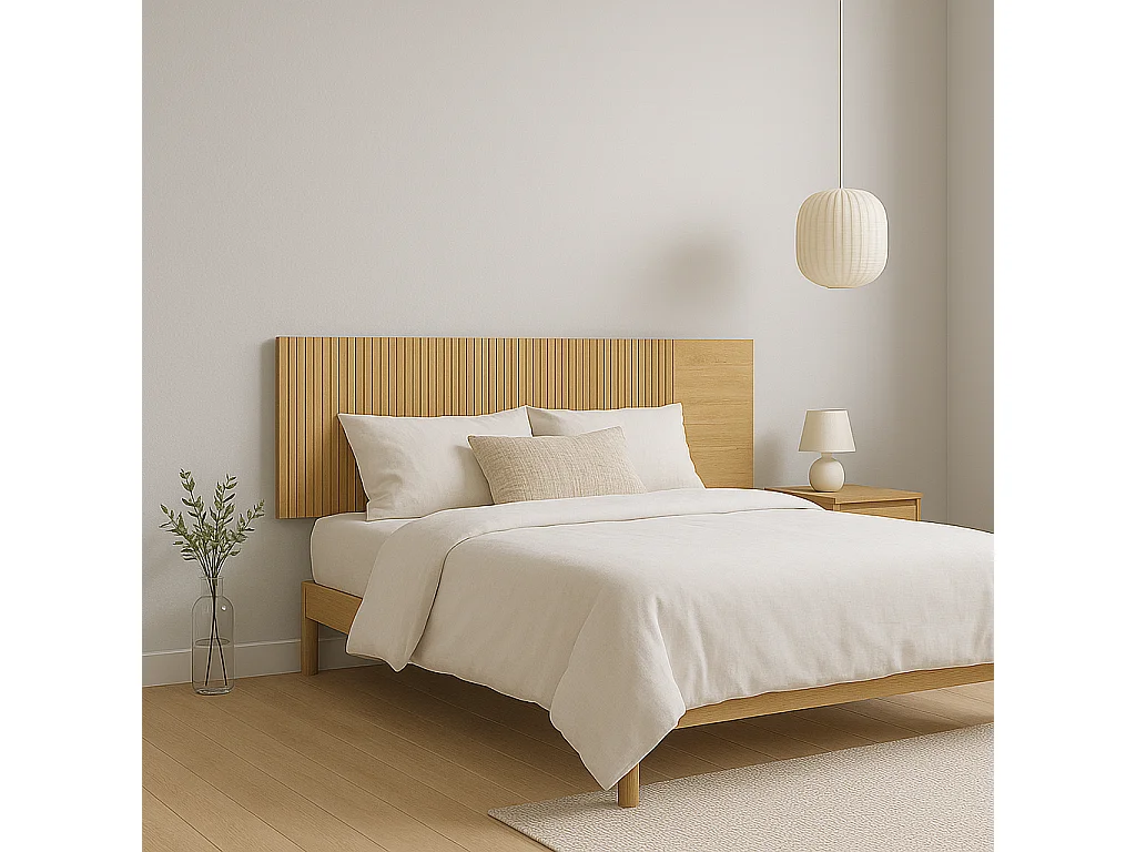 Dormitorio de Matrimonio Completo – Cabecero 210 cm, 2 Mesitas de Noche y Sinfonier 5 Cajones – Diseño Moderno en Mauvella Rayas.