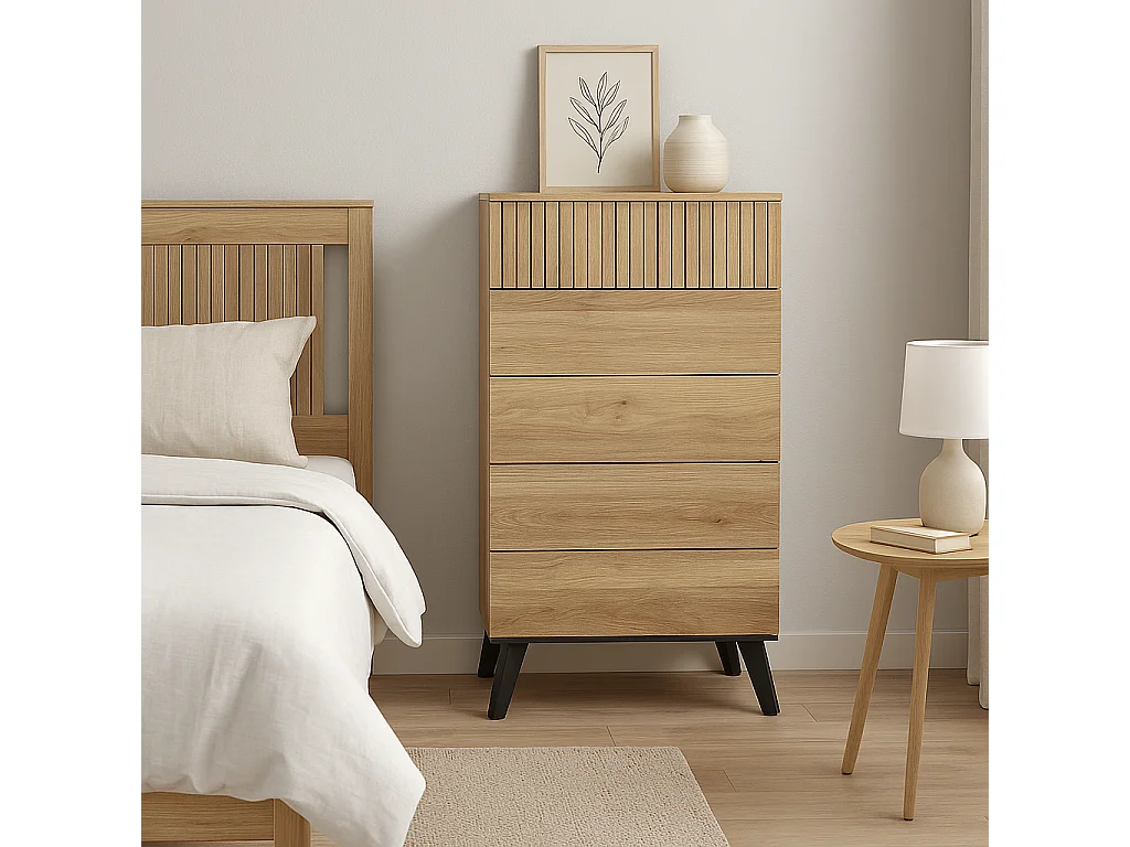 Dormitorio de Matrimonio Completo – Cabecero 210 cm, 2 Mesitas de Noche y Sinfonier 5 Cajones – Diseño Moderno en Mauvella Rayas.
