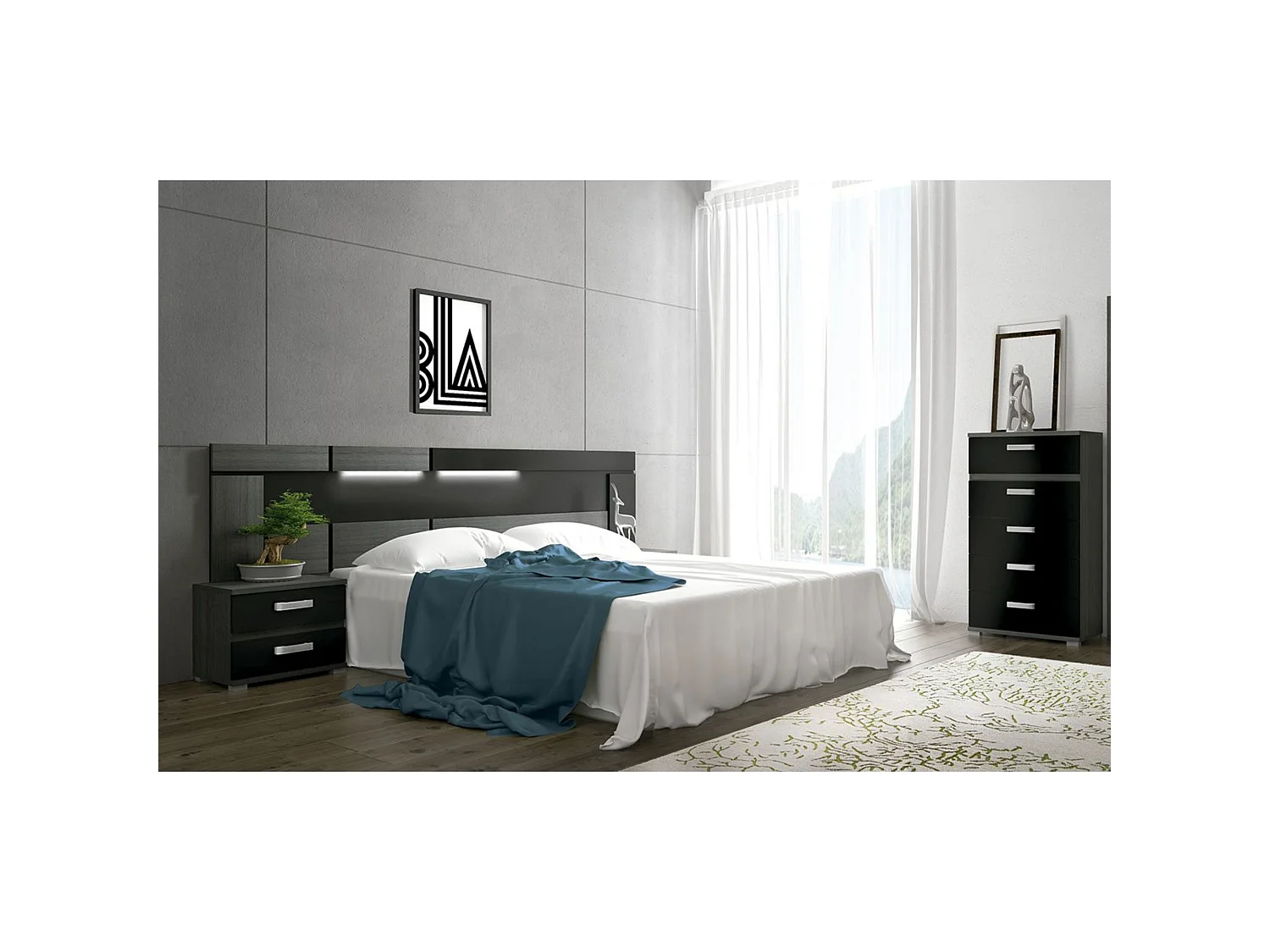 Dormitorio de Matrimonio Completo – Cabecero Negro 259 cm, 2 Mesitas de Noche y Sinfonier 5 Cajones color ceniza-negro  – Diseño Moderno en Melamina.