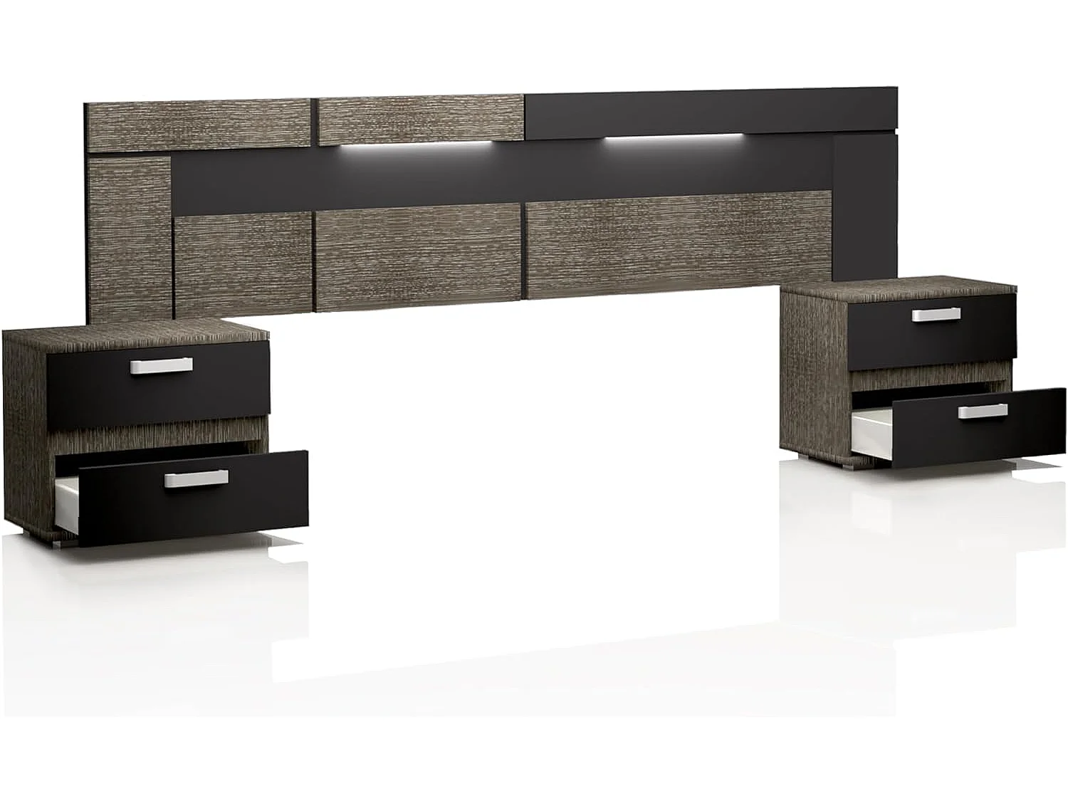 Dormitorio de Matrimonio Completo – Cabecero Negro 259 cm, 2 Mesitas de Noche y Sinfonier 5 Cajones color ceniza-negro  – Diseño Moderno en Melamina.