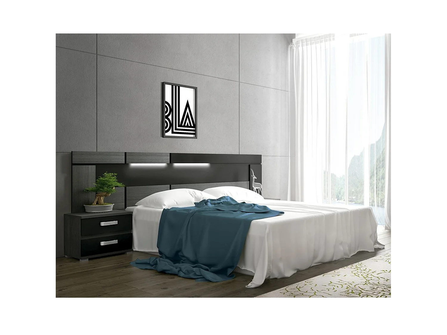 Dormitorio de Matrimonio Completo – Cabecero Negro 259 cm, 2 Mesitas de Noche y Sinfonier 5 Cajones color ceniza-negro  – Diseño Moderno en Melamina.