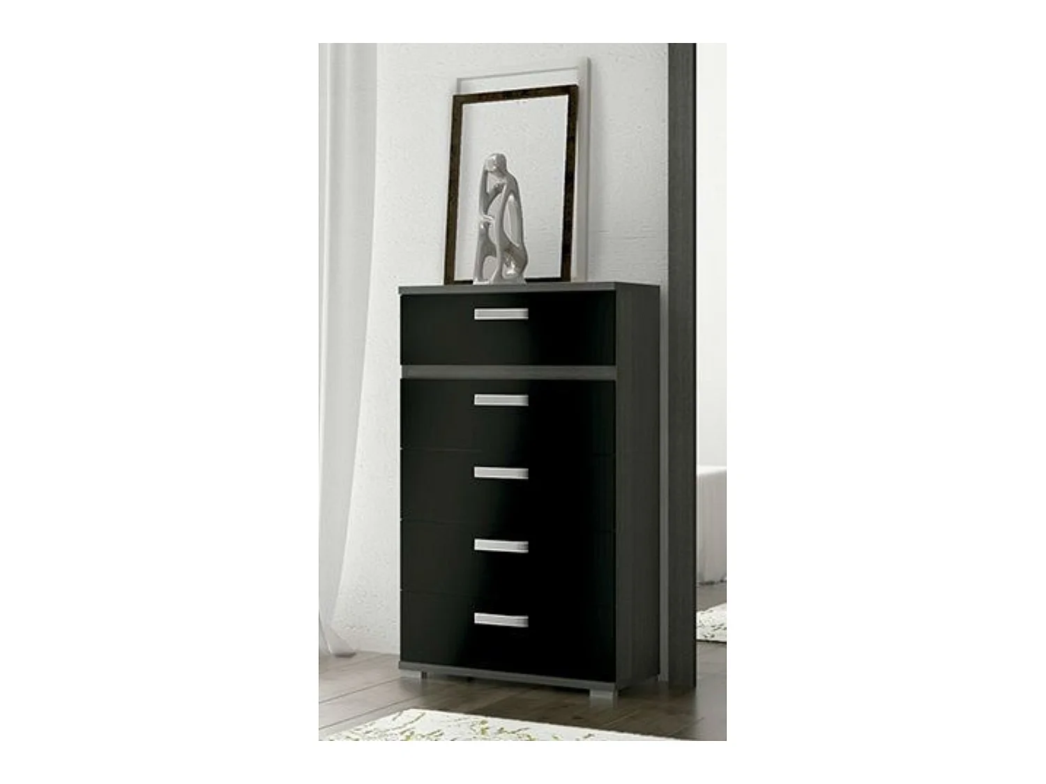 Dormitorio de Matrimonio Completo – Cabecero Negro 259 cm, 2 Mesitas de Noche y Sinfonier 5 Cajones color ceniza-negro  – Diseño Moderno en Melamina.