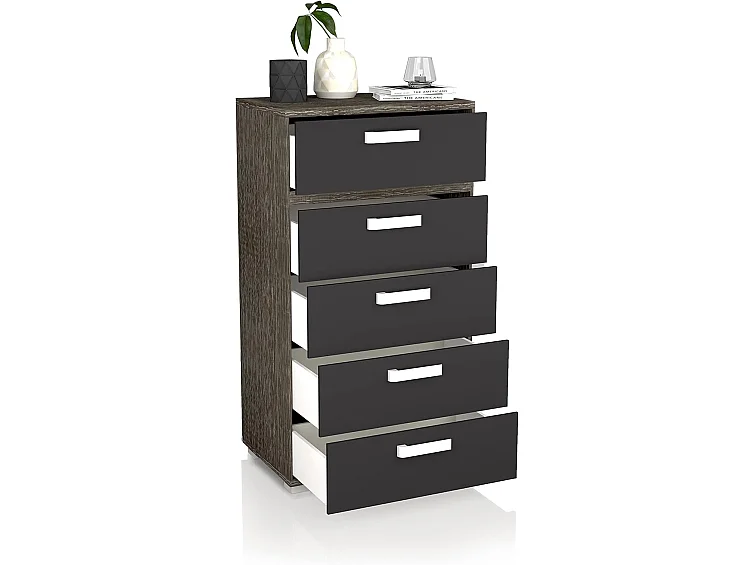 Dormitorio de Matrimonio Completo – Cabecero Negro 259 cm, 2 Mesitas de Noche y Sinfonier 5 Cajones color ceniza-negro  – Diseño Moderno en Melamina.