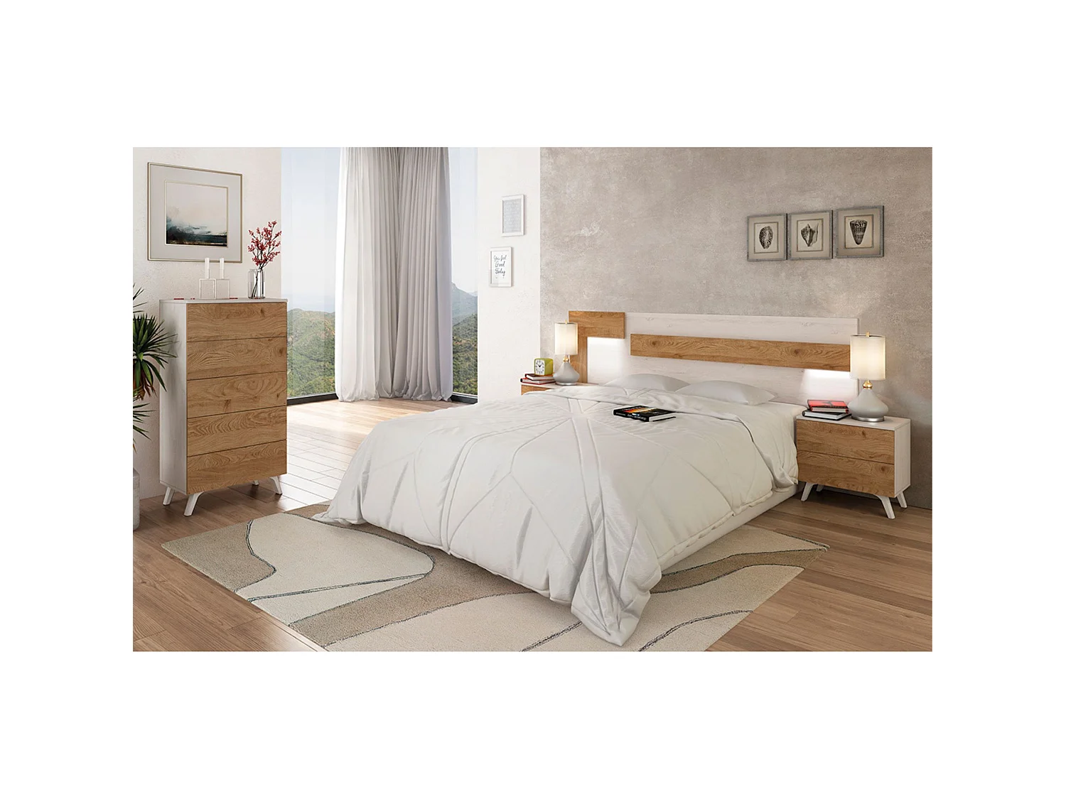 Dormitorio de Matrimonio – Cabecero con Luces LED, 2 Mesitas de Noche y Sinfonier de 5 Cajones – Diseño Nórdico Blanco y Roble.