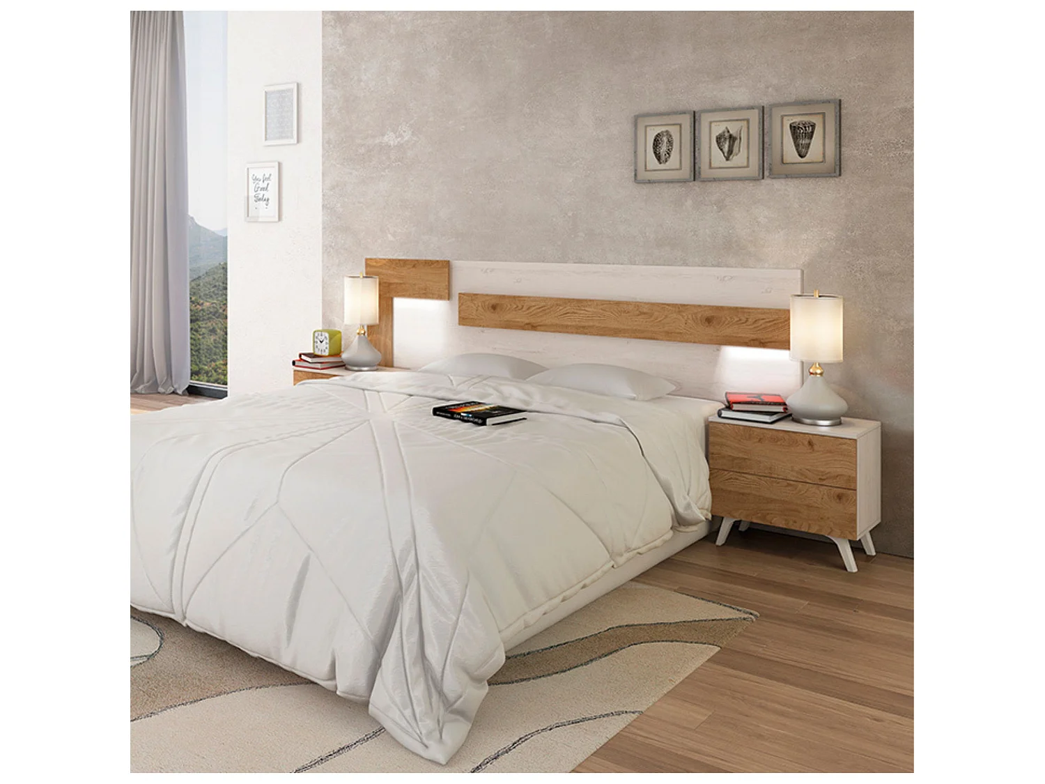 Dormitorio de Matrimonio – Cabecero con Luces LED, 2 Mesitas de Noche y Sinfonier de 5 Cajones – Diseño Nórdico Blanco y Roble.