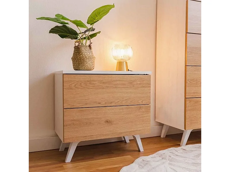 Dormitorio de Matrimonio – Cabecero con Luces LED, 2 Mesitas de Noche y Sinfonier de 5 Cajones – Diseño Nórdico Blanco y Roble.