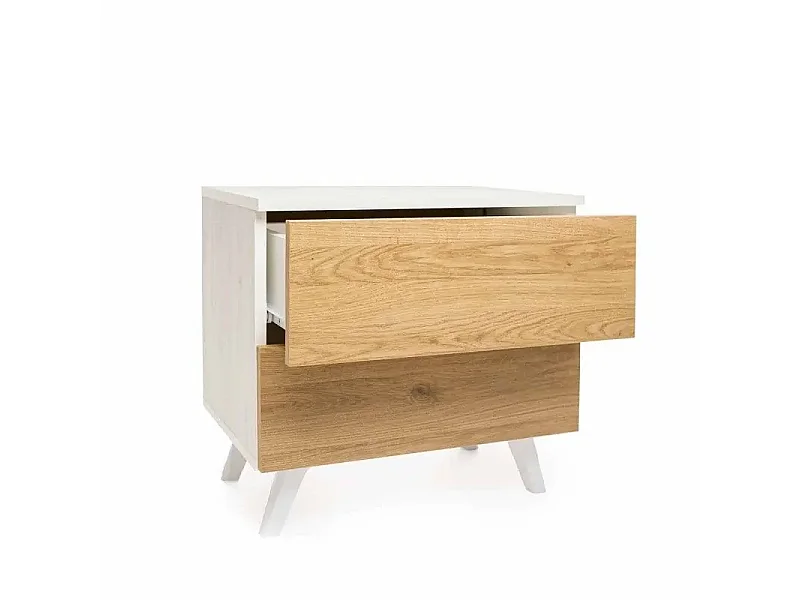 Dormitorio de Matrimonio – Cabecero con Luces LED, 2 Mesitas de Noche y Sinfonier de 5 Cajones – Diseño Nórdico Blanco y Roble.