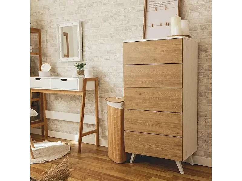 Dormitorio de Matrimonio – Cabecero con Luces LED, 2 Mesitas de Noche y Sinfonier de 5 Cajones – Diseño Nórdico Blanco y Roble.