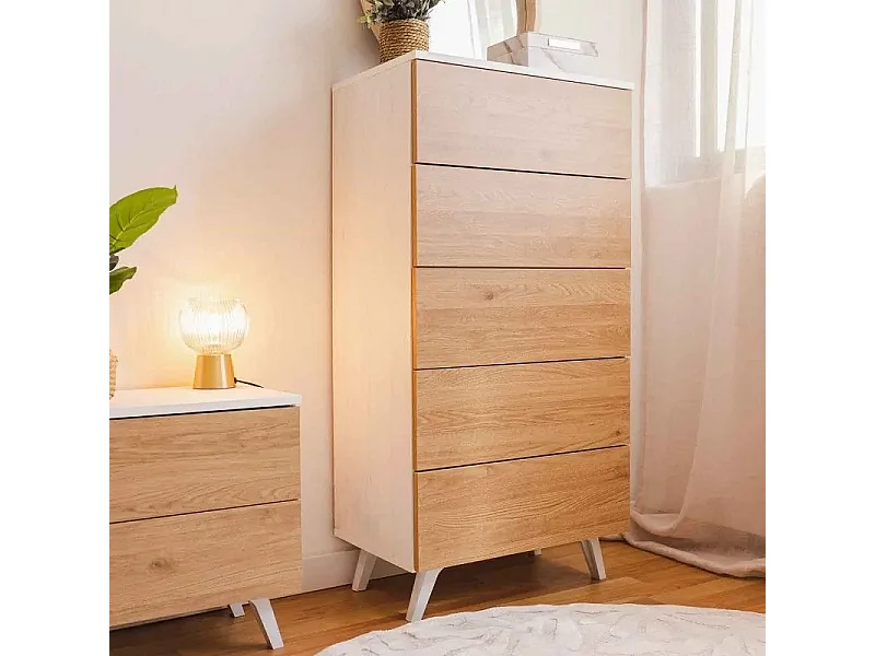 Dormitorio de Matrimonio – Cabecero con Luces LED, 2 Mesitas de Noche y Sinfonier de 5 Cajones – Diseño Nórdico Blanco y Roble.