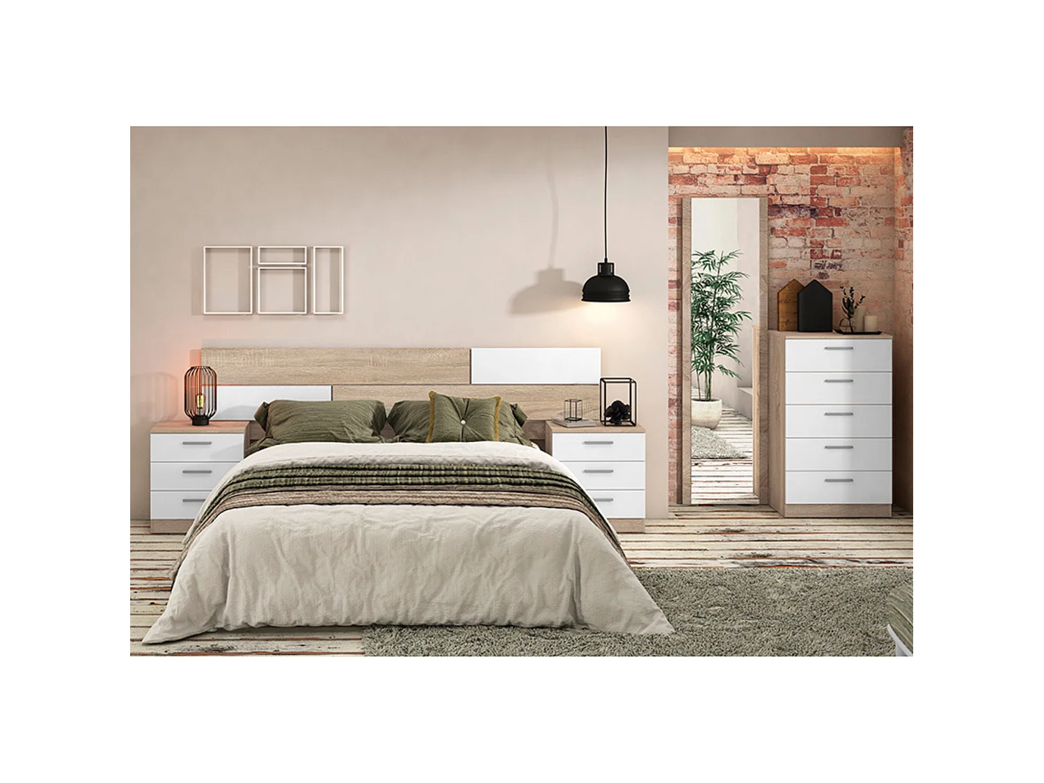 Pack Dormitorio Completo – Cabecero 220 cm + 2 Mesitas de Noche 3 Cajones + Sinfonier 5 Cajones, Color Cambria y Blanco, Estilo Moderno