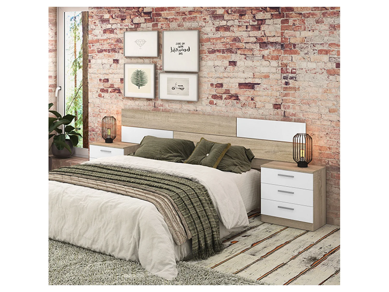 Pack Dormitorio Completo – Cabecero 220 cm + 2 Mesitas de Noche 3 Cajones + Sinfonier 5 Cajones, Color Cambria y Blanco, Estilo Moderno