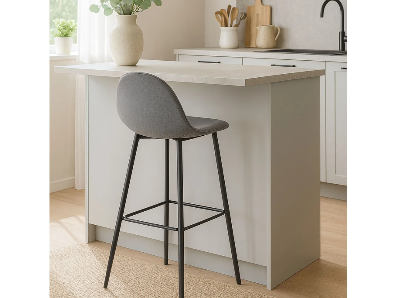 Pack 2 taburetes altos tapizados gris acero de 76 cm con patas metálicas negras – diseño moderno y cómodo para barra o cocina