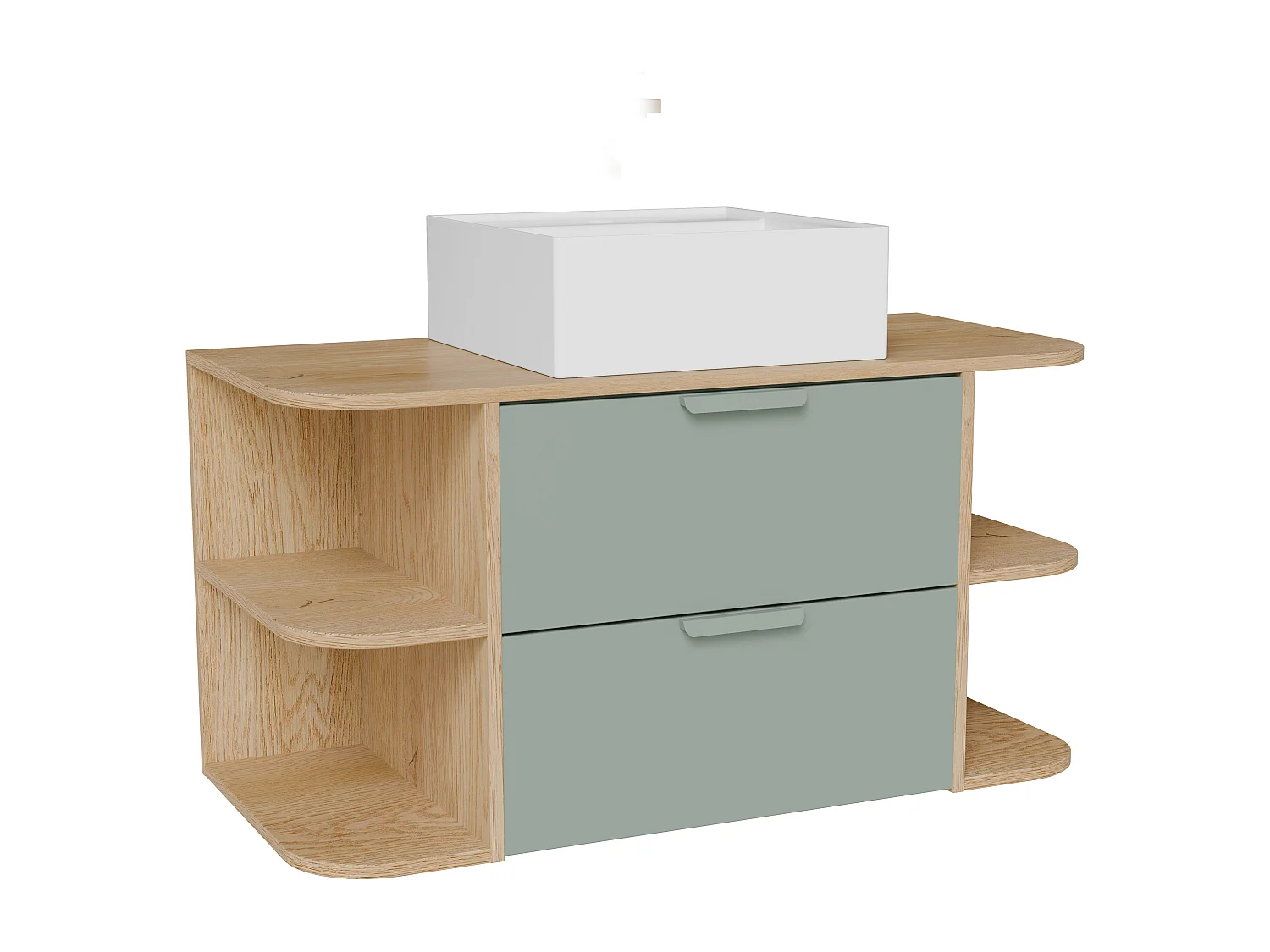 Meuble de salle de bain suspendu avec niches et vasque à poser carrée – Vert amande et naturel clair – L100 cm – AVORELI
