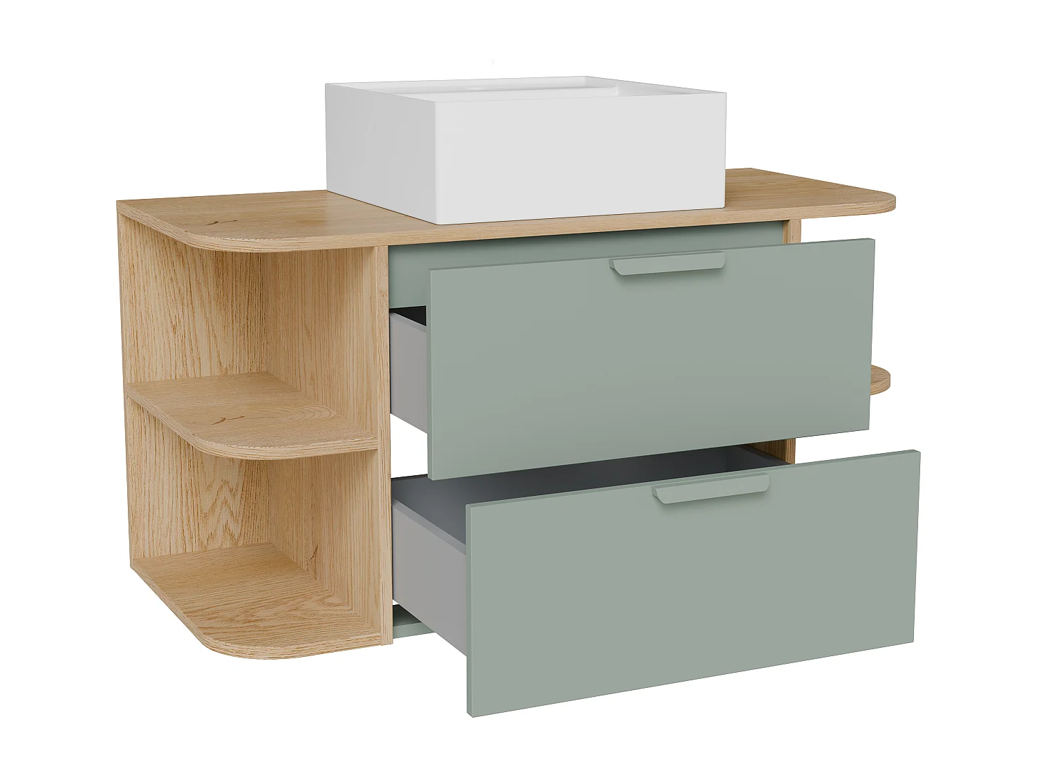 Meuble de salle de bain suspendu avec niches et vasque à poser carrée – Vert amande et naturel clair – L100 cm – AVORELI