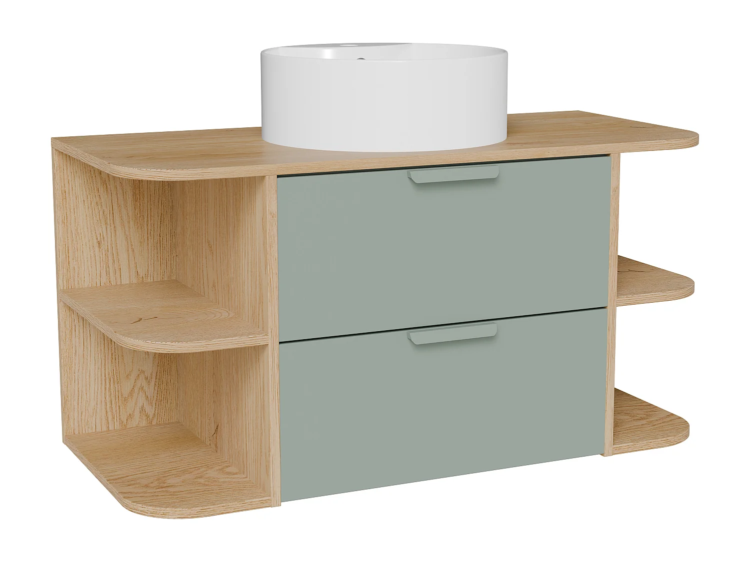 Meuble de salle de bain suspendu avec niches et vasque à poser ronde – Vert amande et naturel clair – L100 cm – AVORELI