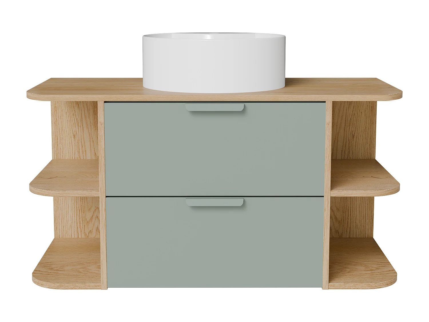 Meuble de salle de bain suspendu avec niches et vasque à poser ronde – Vert amande et naturel clair – L100 cm – AVORELI