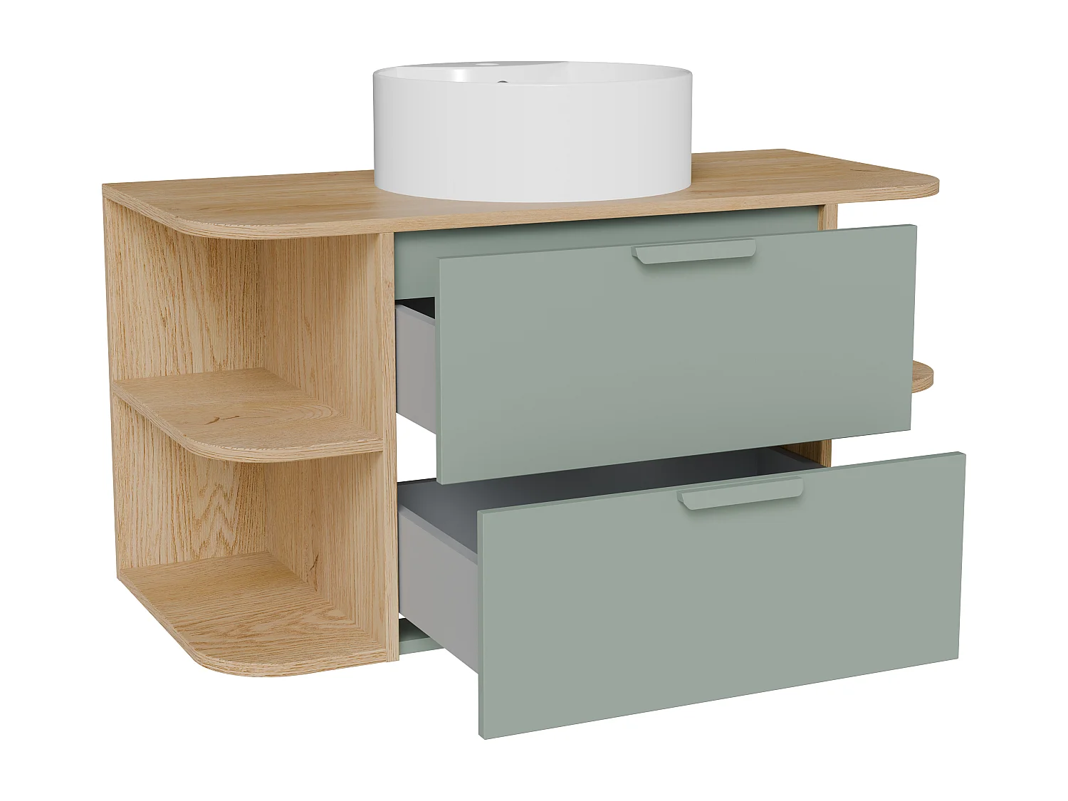 Meuble de salle de bain suspendu avec niches et vasque à poser ronde – Vert amande et naturel clair – L100 cm – AVORELI
