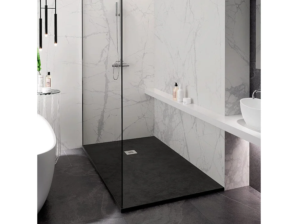 Plato de ducha de resina SILEX espatulado negro  70x200 cm rejilla acero inox.