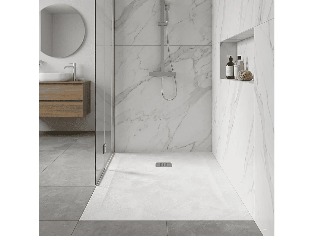 Plato de ducha de resina SILEX espatulado blanco  80x160 cm rejilla acero inox.
