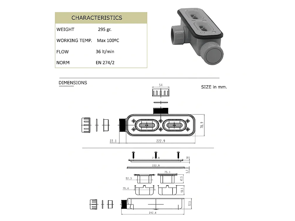 Plato de ducha de resina KORAL espatulado antracita  90x120 cm rejilla color