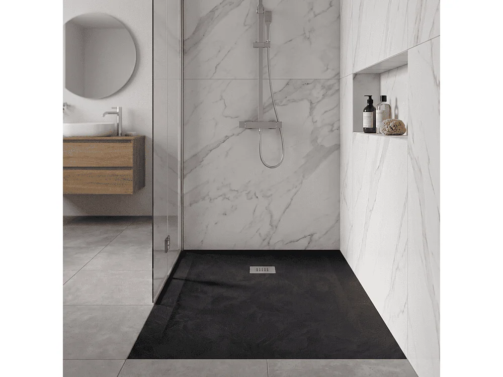 Plato de ducha de resina SILEX espatulado negro  70x160 cm rejilla acero inox.