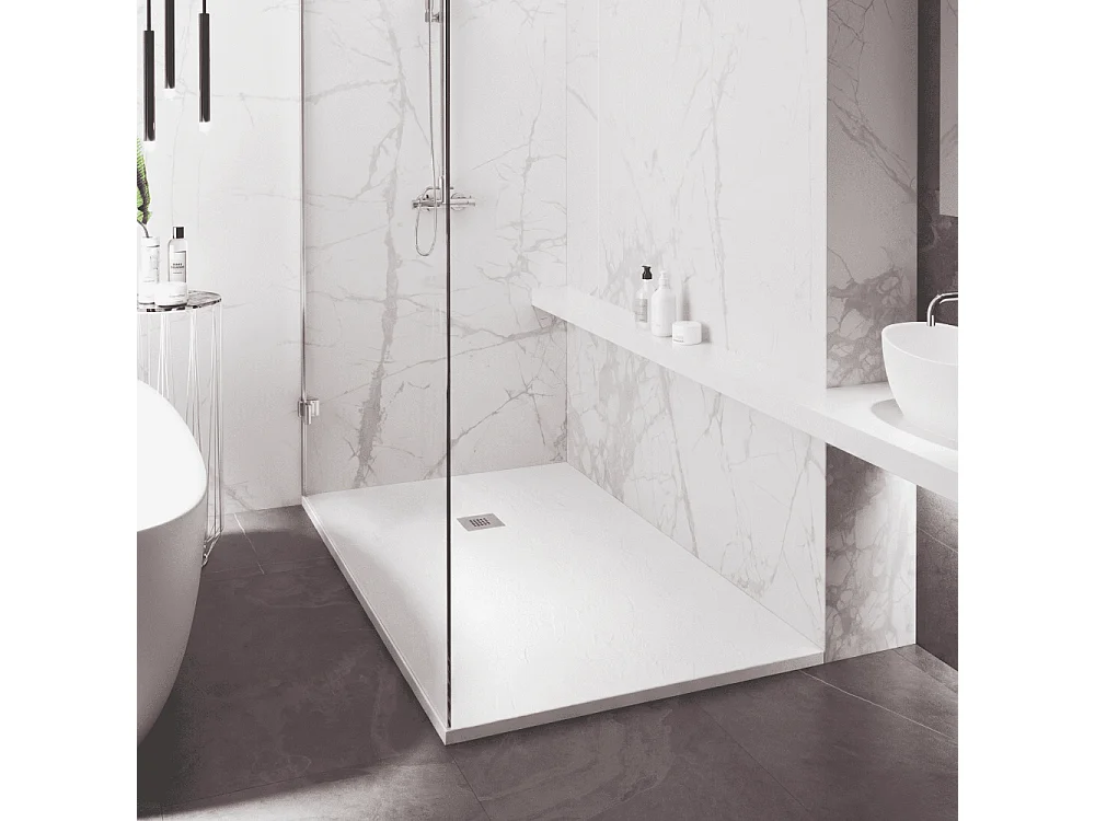 Plato de ducha de resina SILEX espatulado blanco  100x240 cm rejilla acero inox.