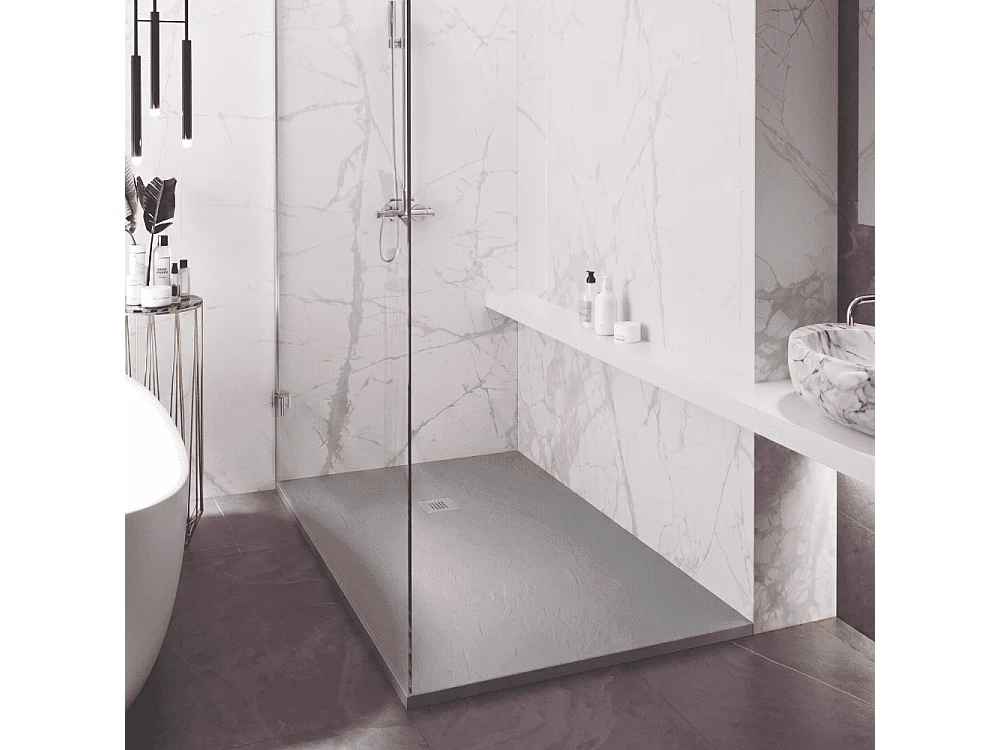 Plato de ducha de resina SILEX espatulado gris  70x70 cm rejilla acero inox.