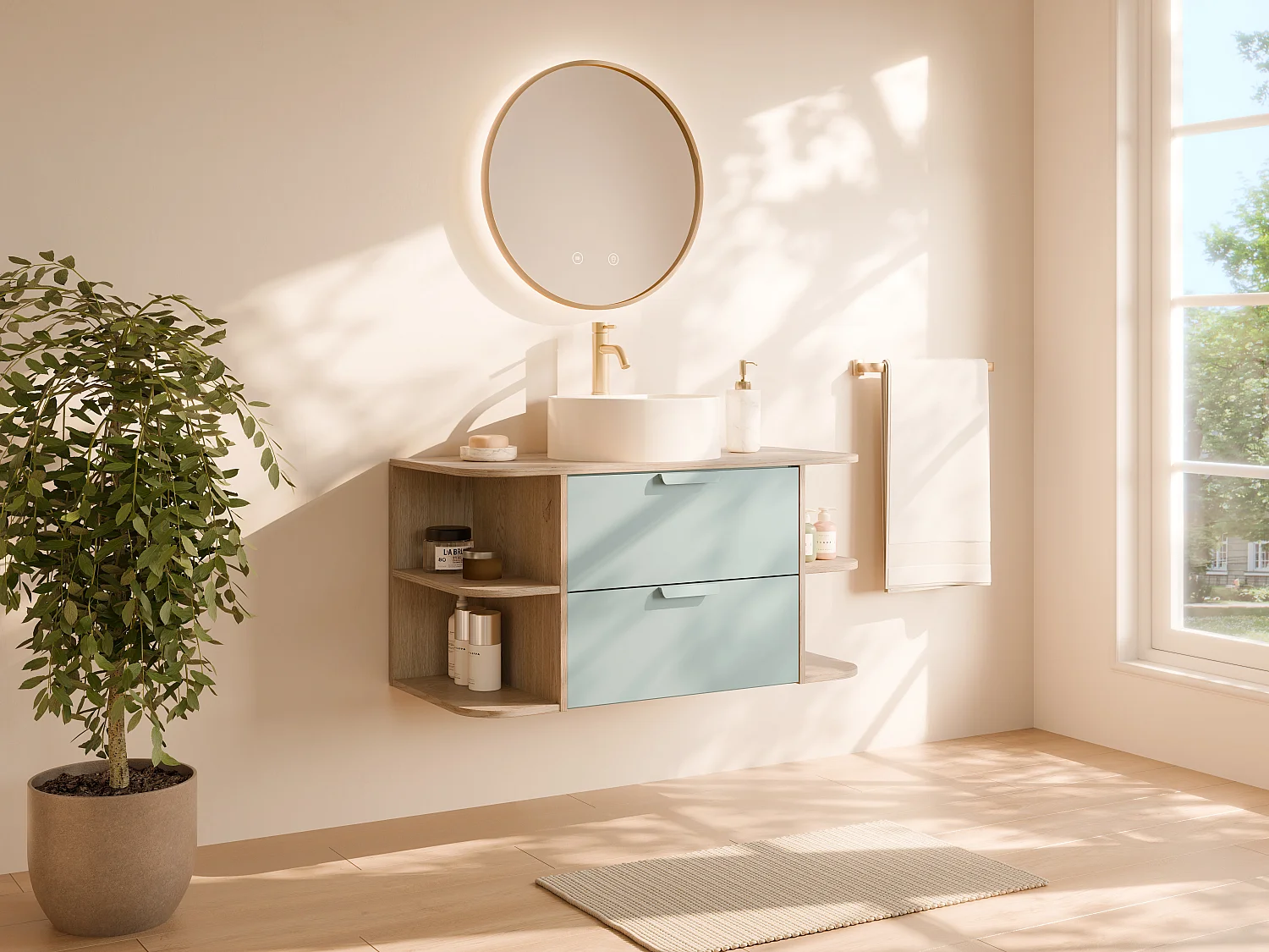 Meuble de salle de bain suspendu avec niches, vasque à poser ronde et robinet – Vert amande et naturel clair – L100 cm – AVORELI