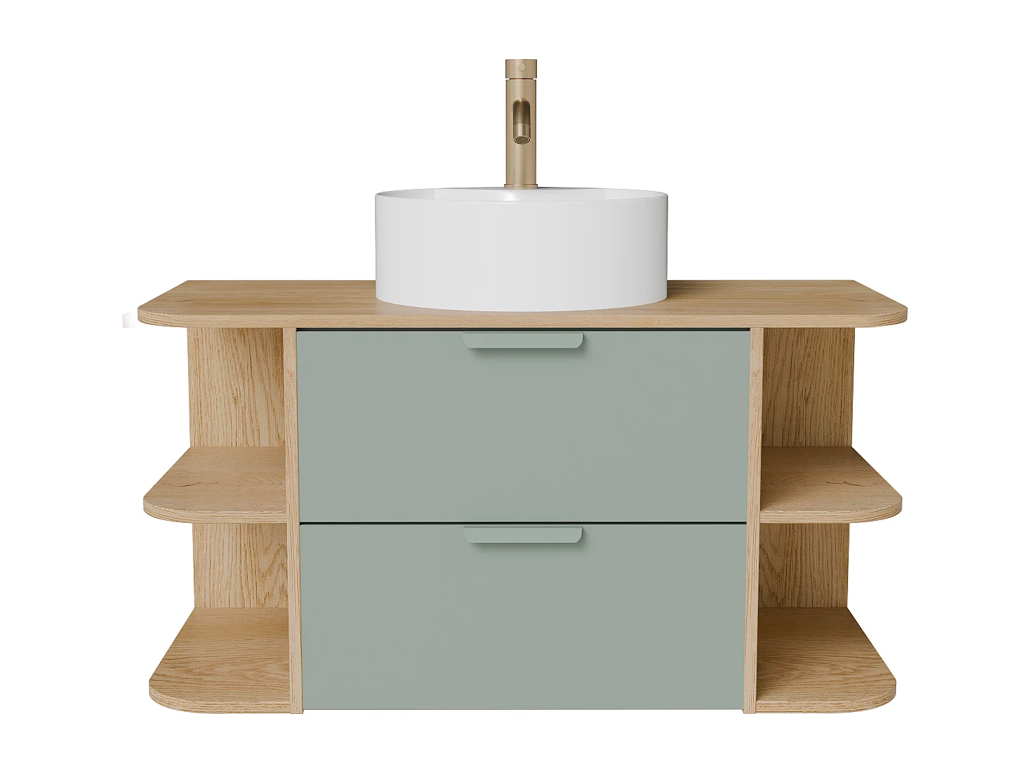 Meuble de salle de bain suspendu avec niches, vasque à poser ronde et robinet – Vert amande et naturel clair – L100 cm – AVORELI