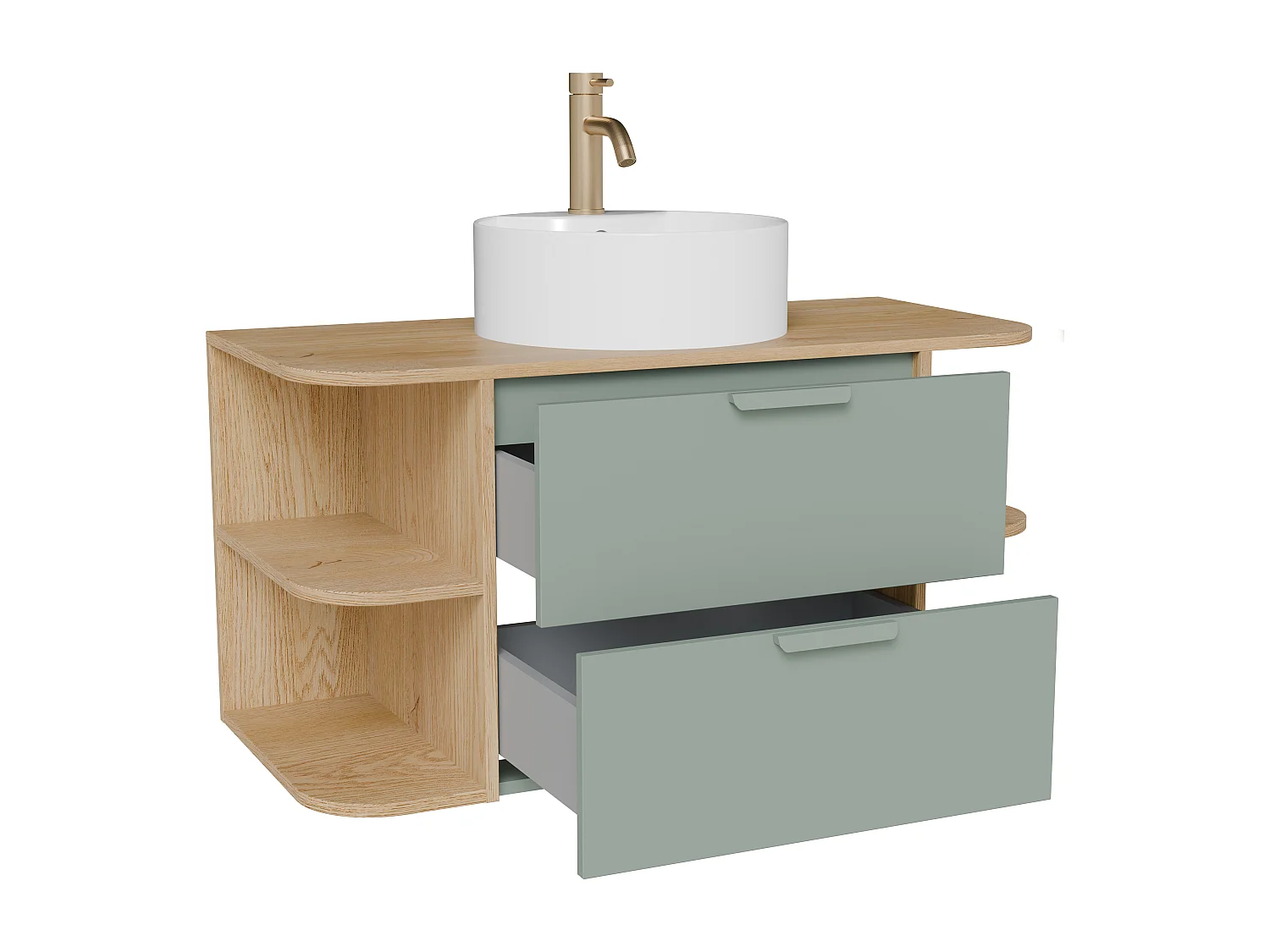 Meuble de salle de bain suspendu avec niches, vasque à poser ronde et robinet – Vert amande et naturel clair – L100 cm – AVORELI