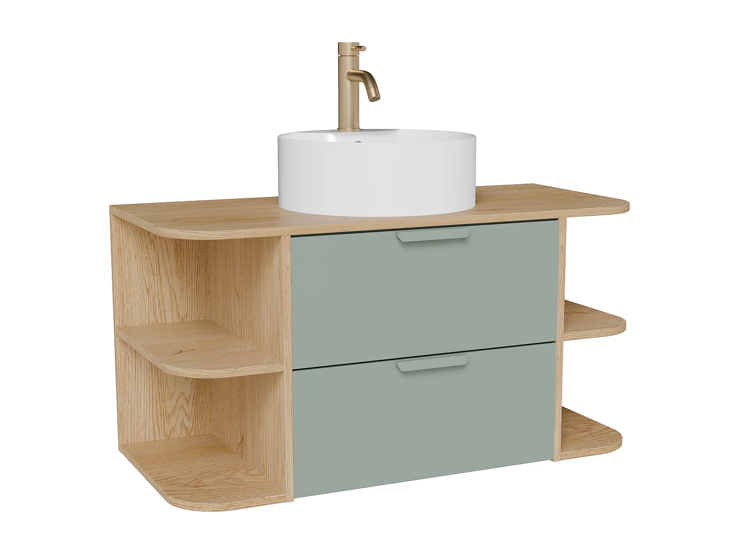 Meuble de salle de bain suspendu avec niches, vasque à poser ronde et robinet – Vert amande et naturel clair – L100 cm – AVORELI