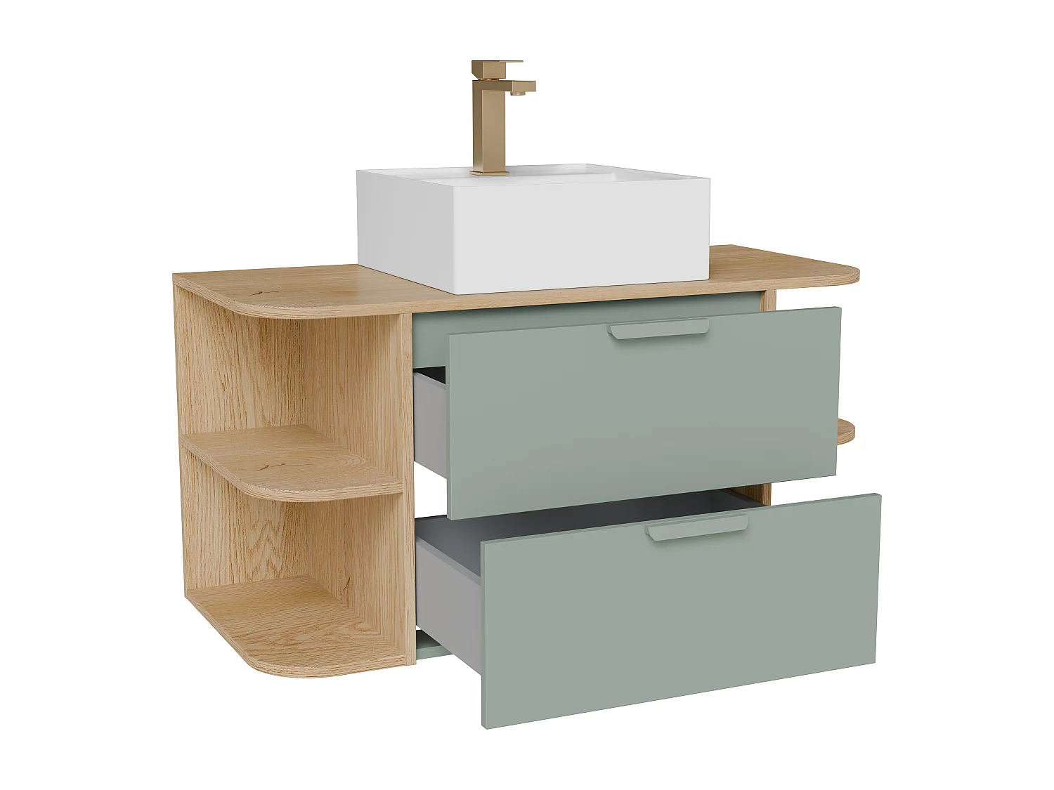 Meuble de salle de bain suspendu avec niches, vasque à poser carrée et robinet – Vert amande et naturel clair – L100 cm – AVORELI