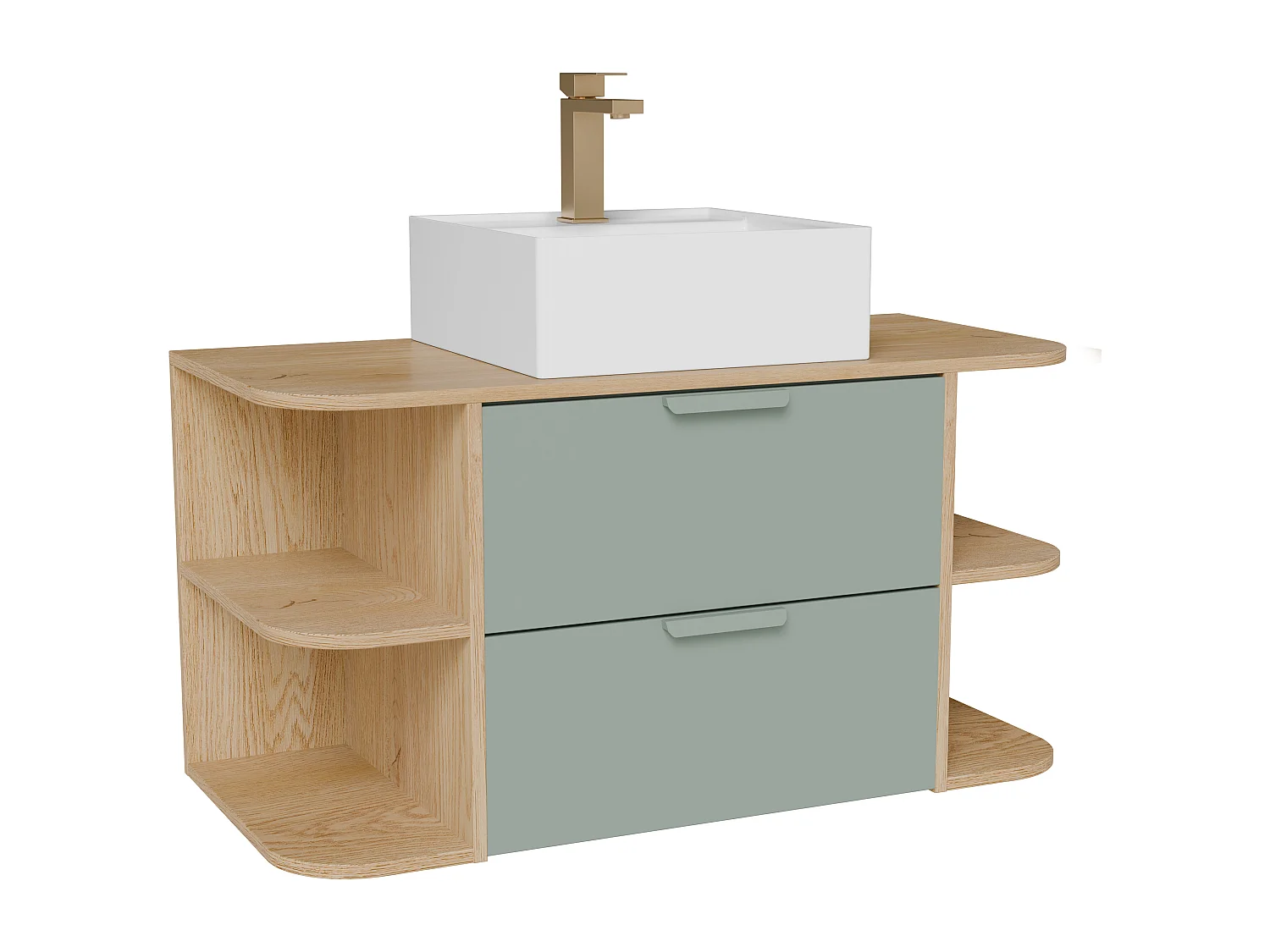 Meuble de salle de bain suspendu avec niches, vasque à poser carrée et robinet – Vert amande et naturel clair – L100 cm – AVORELI