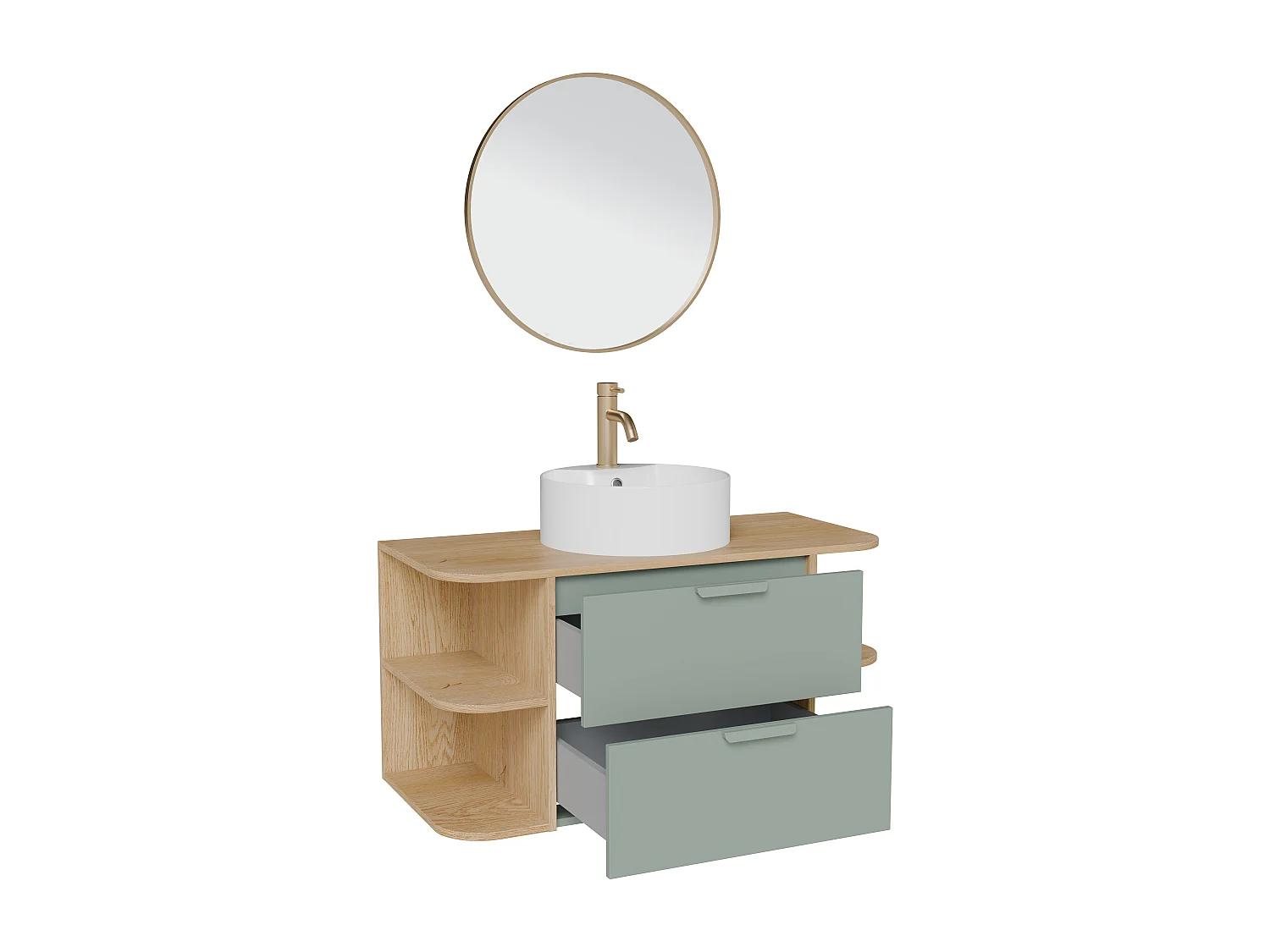 Meuble de salle de bain suspendu avec niches, vasque à poser ronde, robinet et miroir – Vert amande et naturel clair – L100 cm – AVORELI