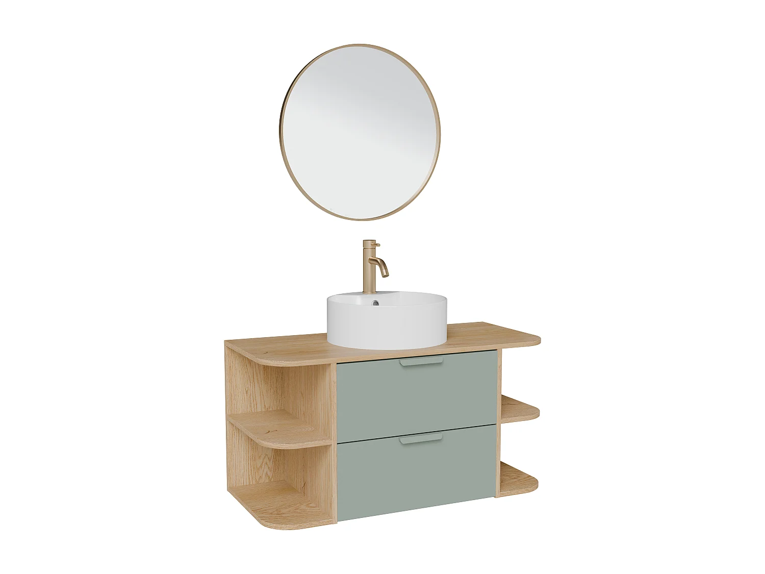Meuble de salle de bain suspendu avec niches, vasque à poser ronde, robinet et miroir – Vert amande et naturel clair – L100 cm – AVORELI