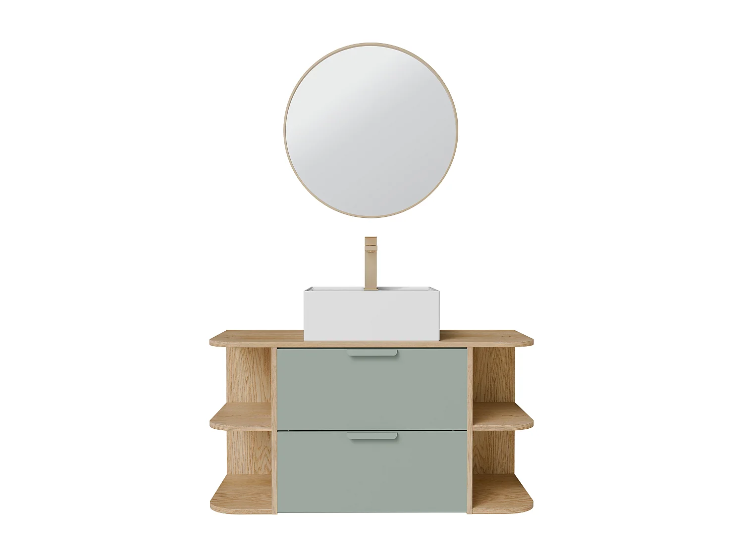 Meuble de salle de bain suspendu avec niches, vasque à poser carrée, robinet et miroir – Vert amande et naturel clair – L100 cm – AVORELI