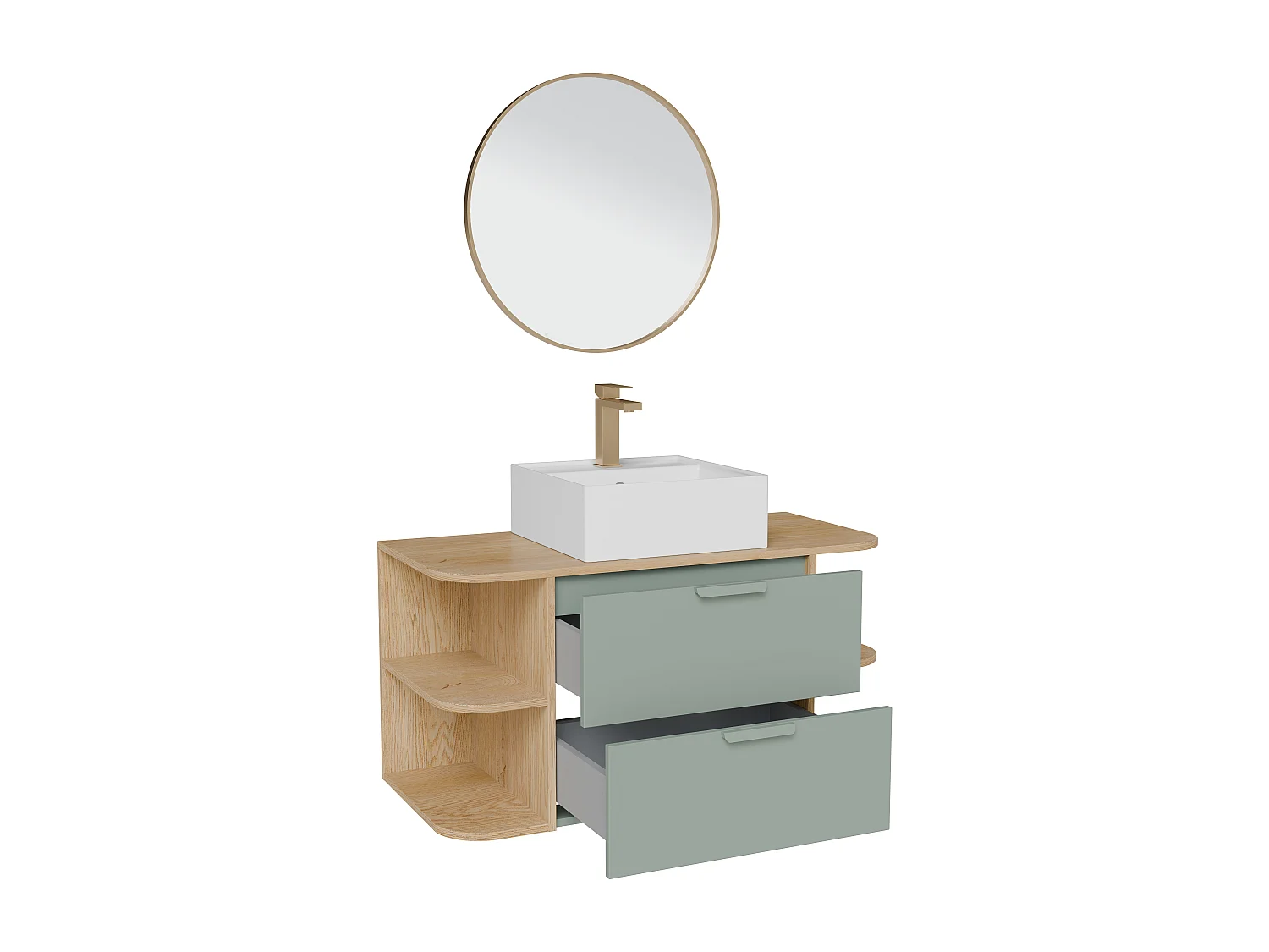 Meuble de salle de bain suspendu avec niches, vasque à poser carrée, robinet et miroir – Vert amande et naturel clair – L100 cm – AVORELI