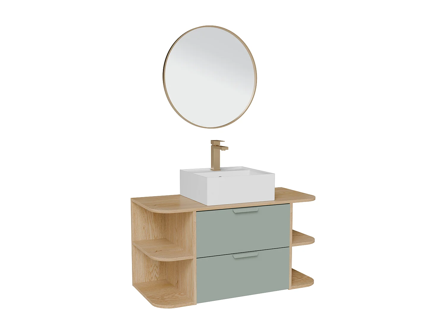 Meuble de salle de bain suspendu avec niches, vasque à poser carrée, robinet et miroir – Vert amande et naturel clair – L100 cm – AVORELI