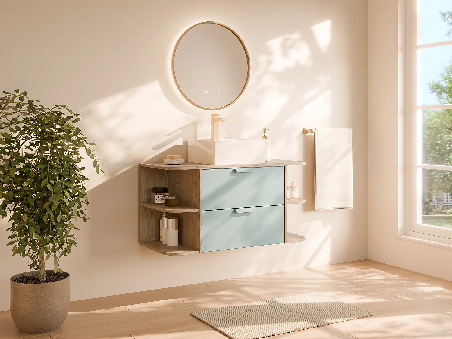 Meuble de salle de bain suspendu avec niches, vasque à poser carrée, robinet et miroir – Vert amande et naturel clair – L100 cm – AVORELI