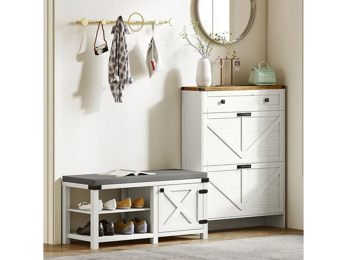 Banco zapatero Gorvi Homcom 2 estantes con puerta 7 pares blanco/gris 48x100x40 cm