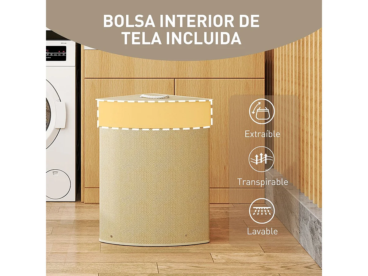 Cesto de ropa sucia Naro Homcom 55L con tapa y bolsa extraíble beige 60x35x35 cm