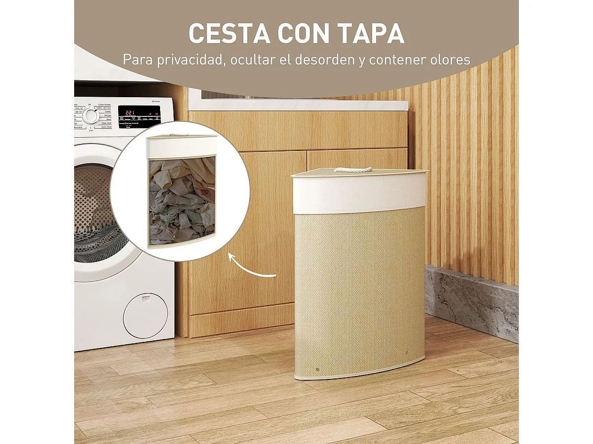 Cesto de ropa sucia Naro Homcom 55L con tapa y bolsa extraíble beige 60x35x35 cm