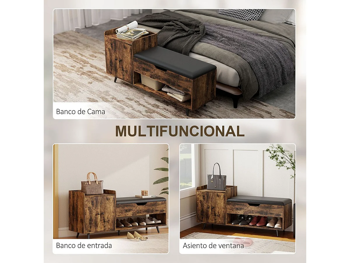Banco zapatero Hana Homcom asiento acolchado con armario marrón 59x127x35 cm
