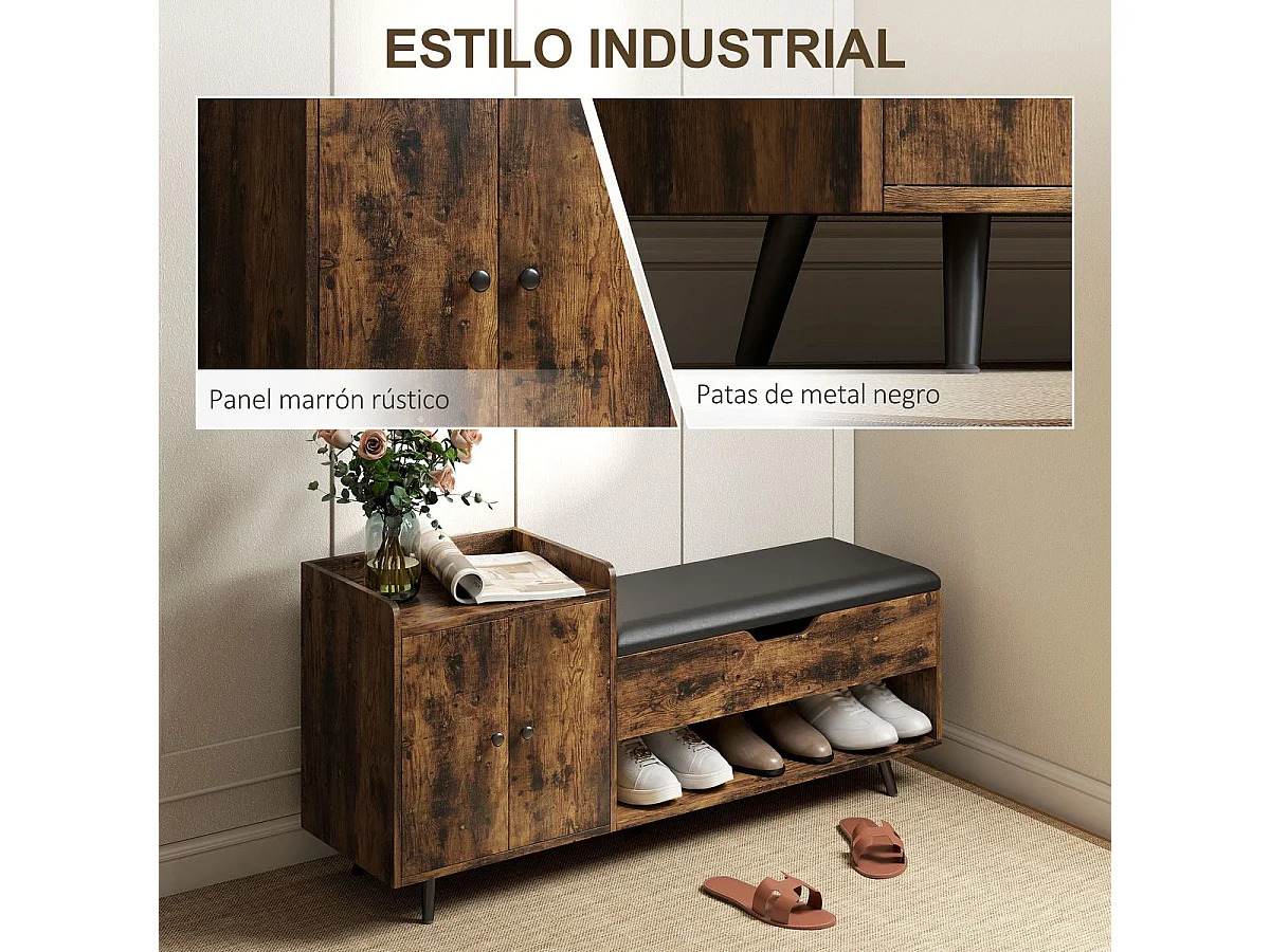 Banco zapatero Hana Homcom asiento acolchado con armario marrón 59x127x35 cm