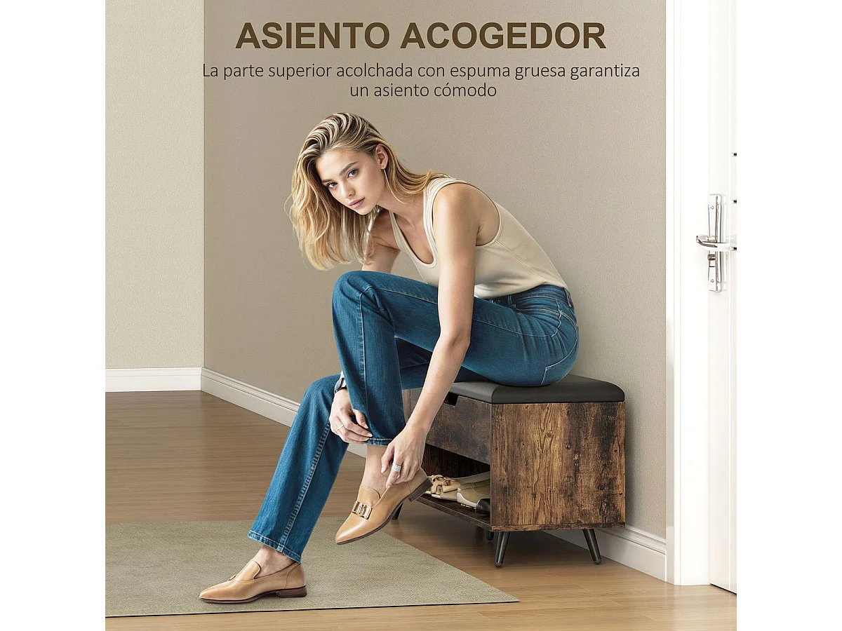 Banco zapatero Hana Homcom asiento acolchado con armario marrón 59x127x35 cm