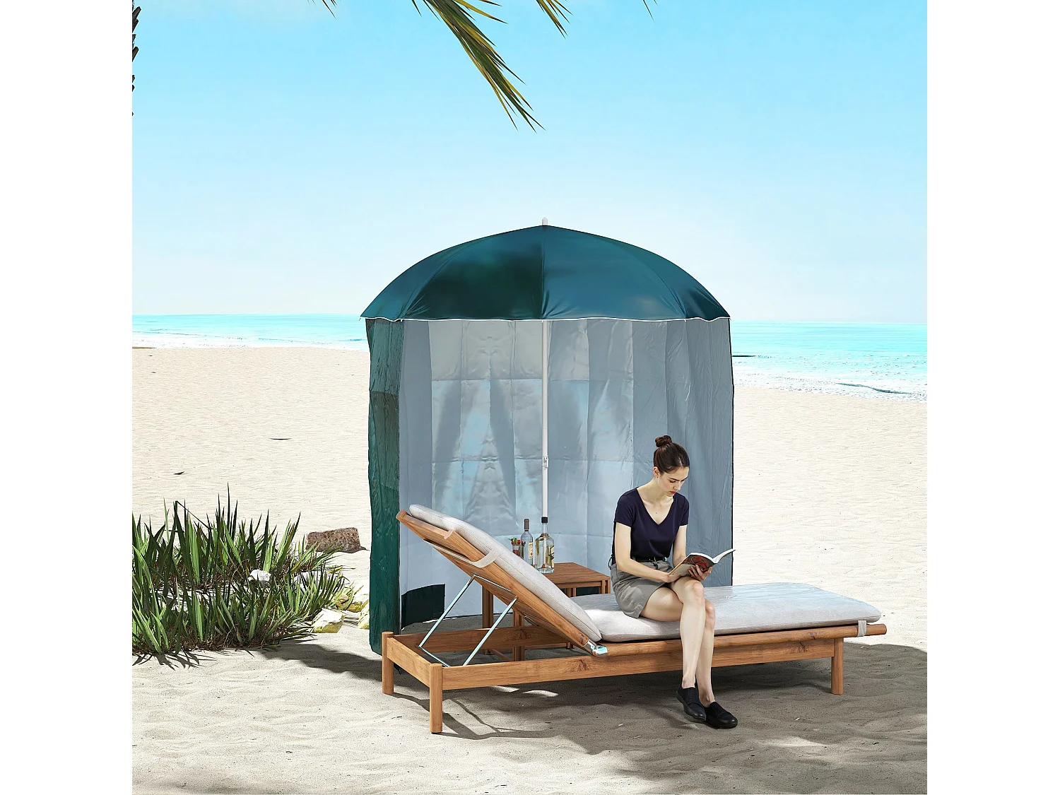Sombrilla York Outsunny panel lateral + bolsas de arena + estacas verde Ø220 cm